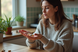 Femme d'âge moyen examinant des capsules de suppléments dans la cuisine