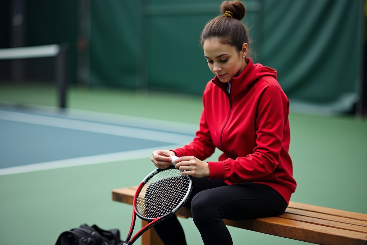 Jeune femme en tenue rouge ajustant un dampener sur sa raquette