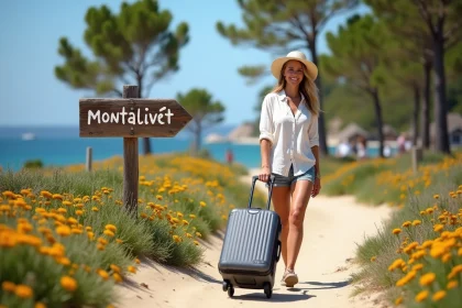 Femme souriante avec valise à Montalivet en été