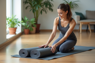 Jeune femme examine texture de tapis de yoga en studio lumineux