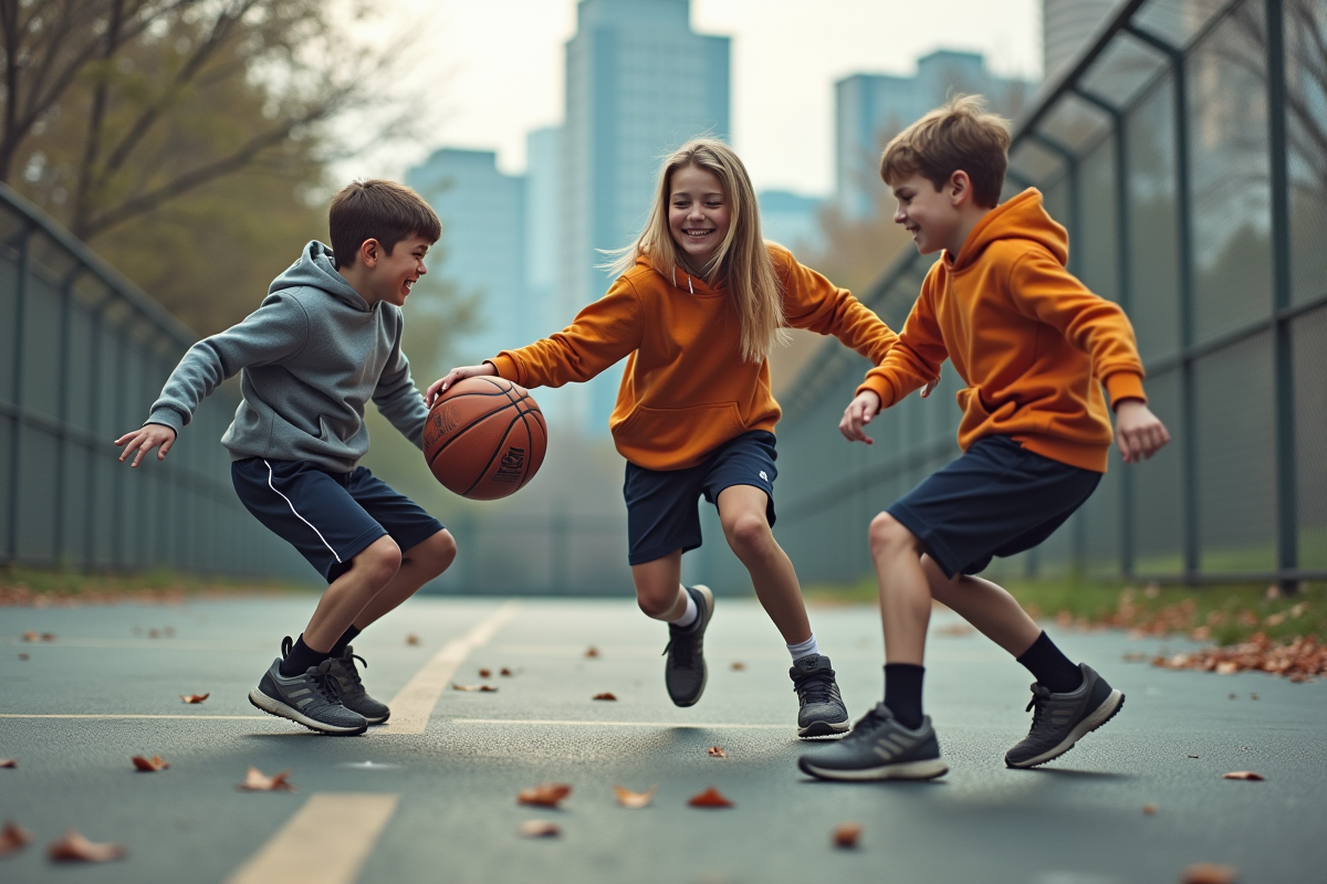 Femme et deux garçons jouant au street basketball