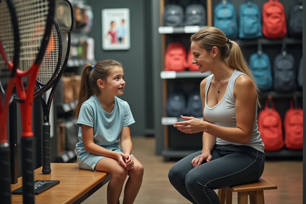 Fille ado écoute un vendeur dans un magasin de tennis