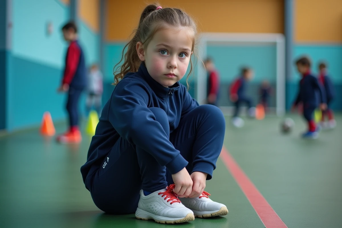 Jeune fille attachant ses lacets dans un centre indoor de soccer