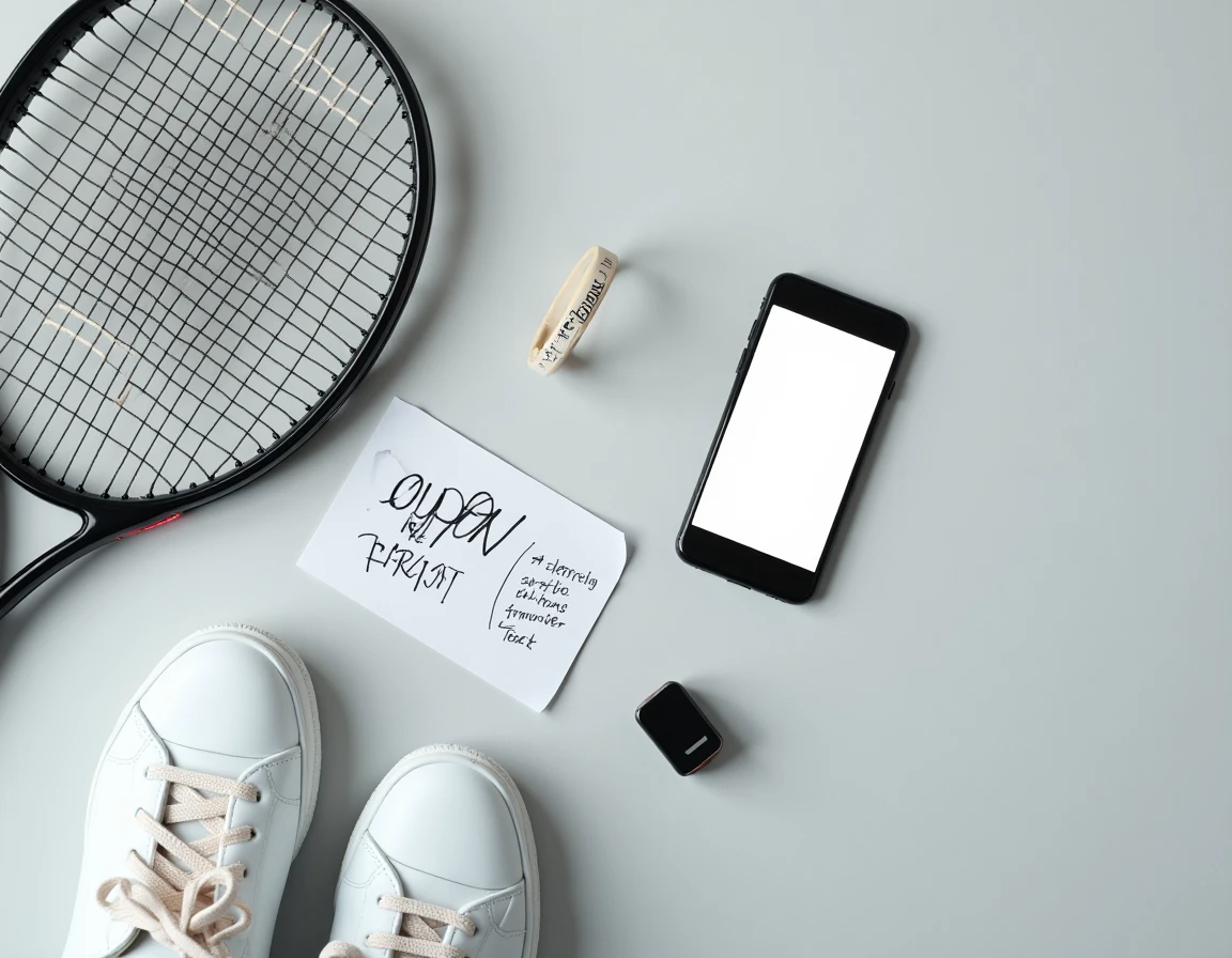 Flat lay d'équipements de tennis avec smartphone affichant des codes de réduction et bons plans 2026