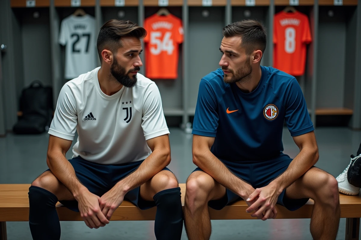 Deux footballeurs italiens portant des maillots de grands clubs en conversation dans un vestiaire moderne avant un rassemblement en équipe nationale