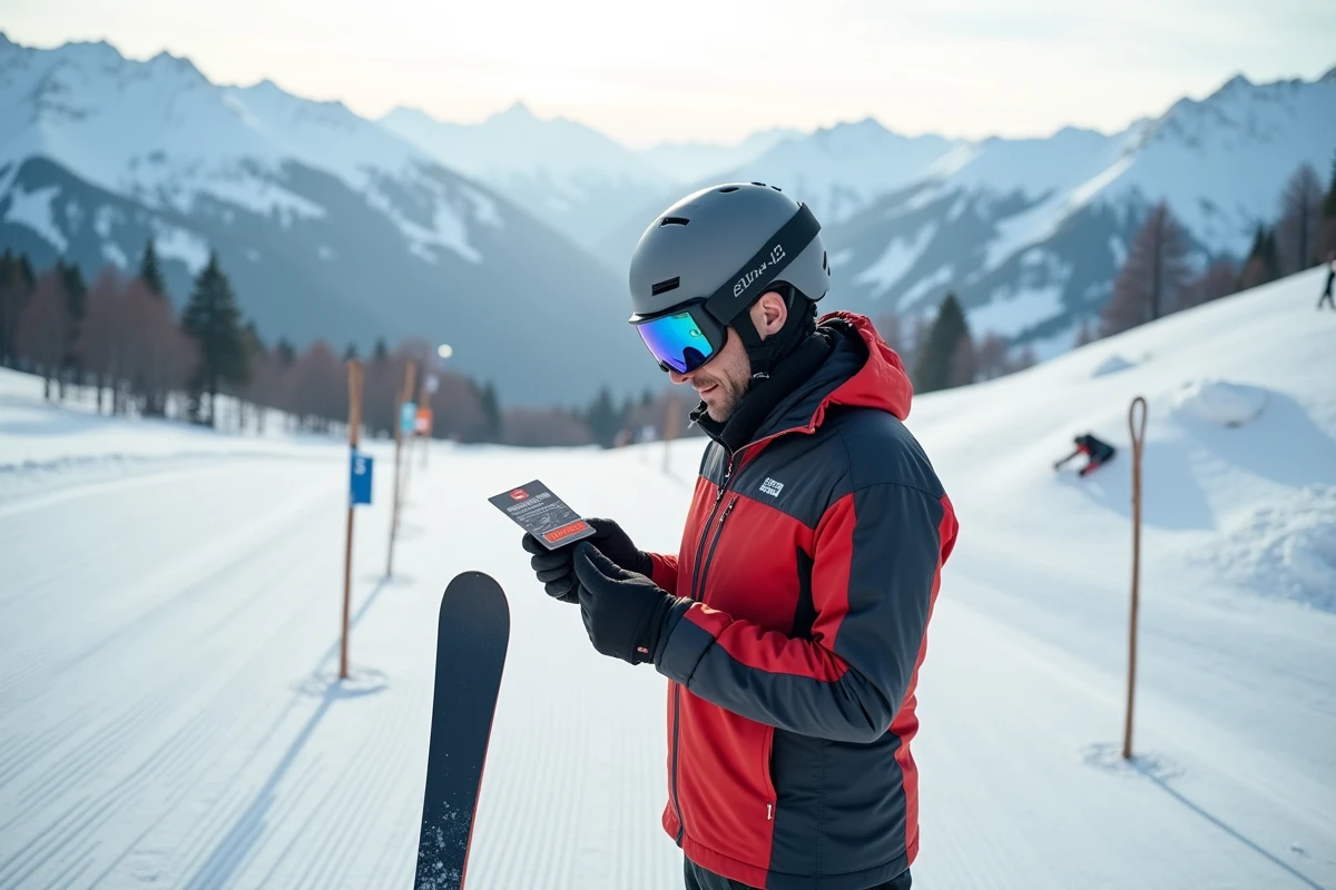 Skieur tenant son forfait de ski sur les pistes enneigées de la station des Arcs en Savoie