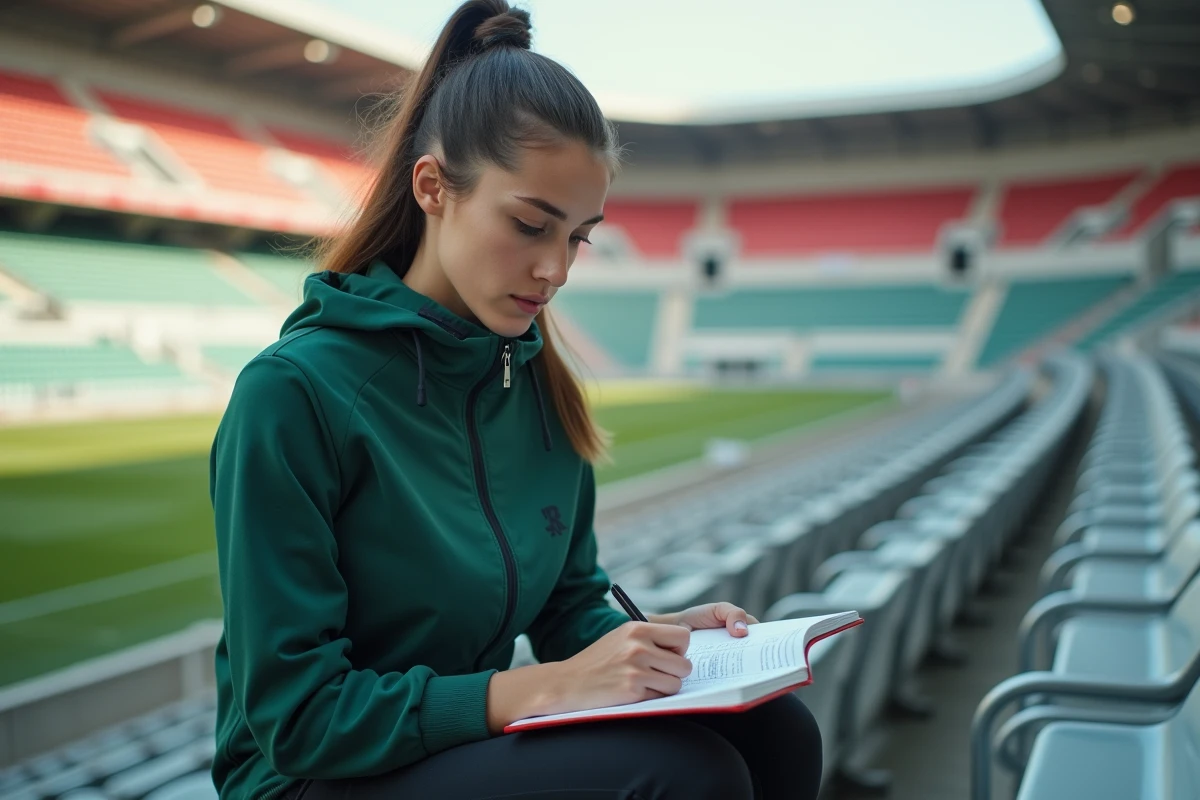 Jeune joueuse de football étudiant des notes tactiques dans un stade lors de sa formation sportive