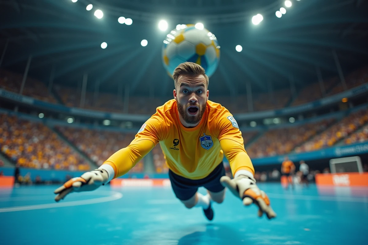 Gardien de handball en plongeon lors d'un match du H Cup 2026, arrêt spectaculaire devant le but