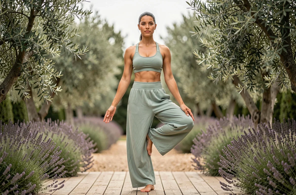 Coach Gäyoga pratiquant une pose de yoga en équilibre sur une terrasse en bois entourée de végétation méditerranéenne