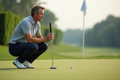 Golfeur accroupi sur un putting green d'entraînement lisant la pente avant un putt de compétition