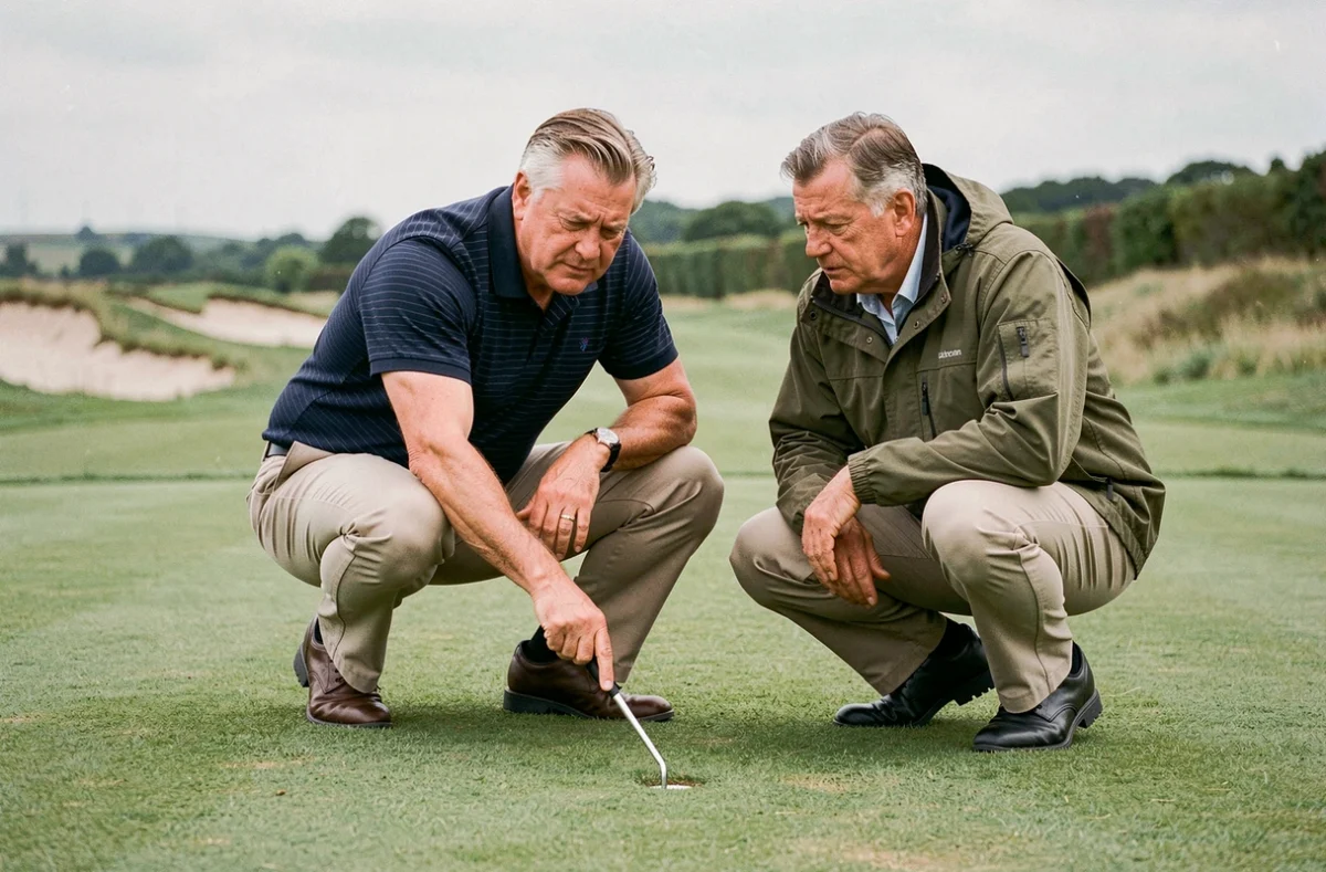 Deux golfeurs étudiant ensemble la topographie d'un green pour affiner leur stratégie de jeu