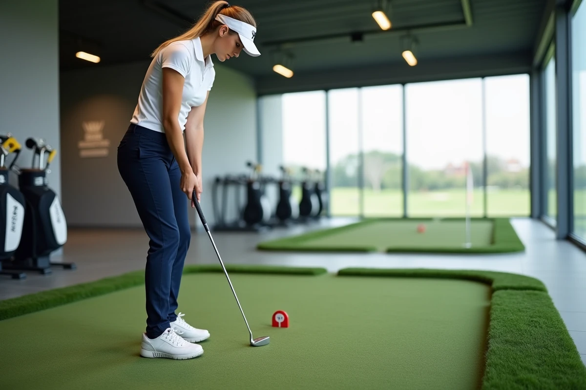 Golfeuse s'entraînant au putt sur un putting green artificiel intérieur pour préparer une compétition