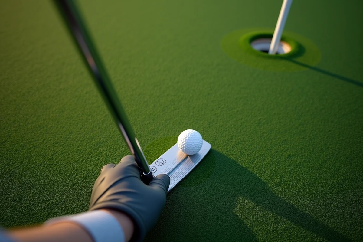 Gros plan en vue plongeante sur un putter aligné derrière une balle de golf sur le green, mains du joueur visibles en grip