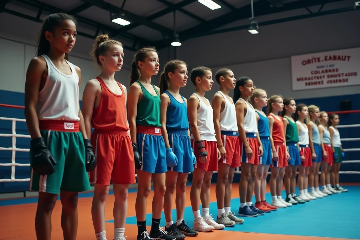 Groupe de boxeurs variés dans un arène sportive moderne