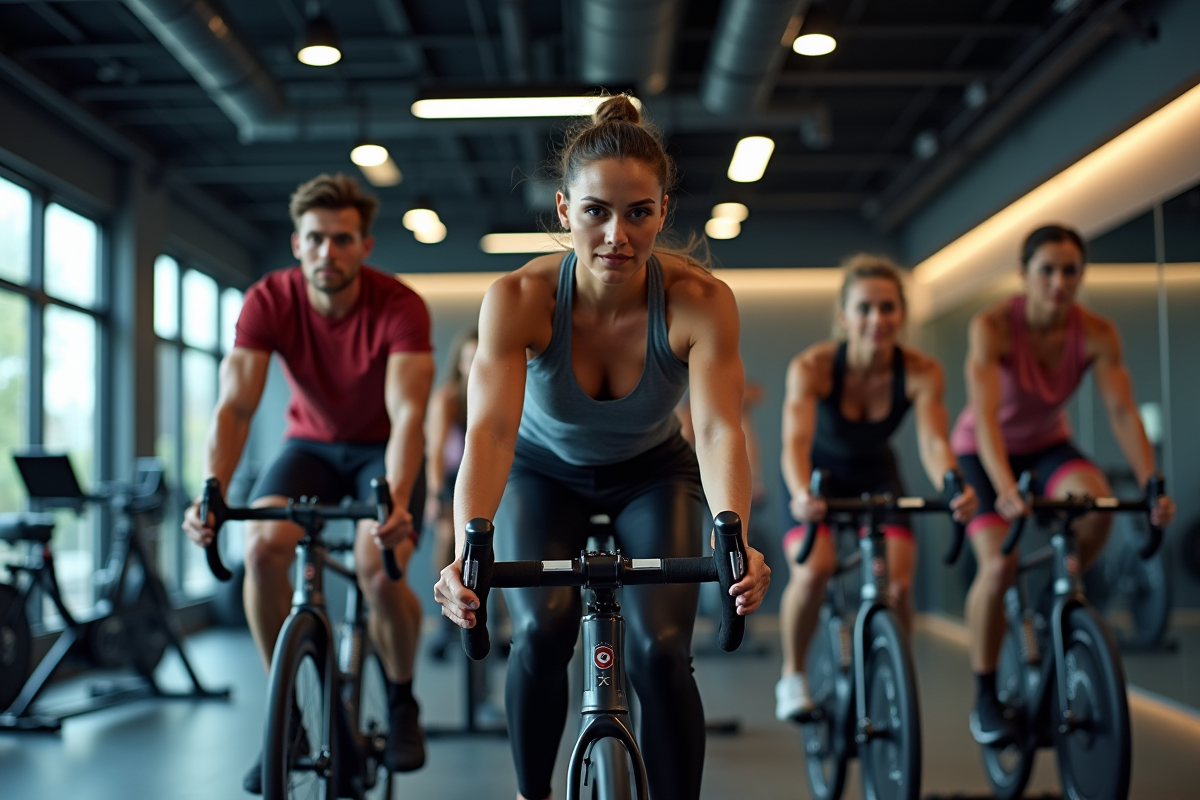 Groupe de cyclistes en salle dans une salle de sport bien éclairée