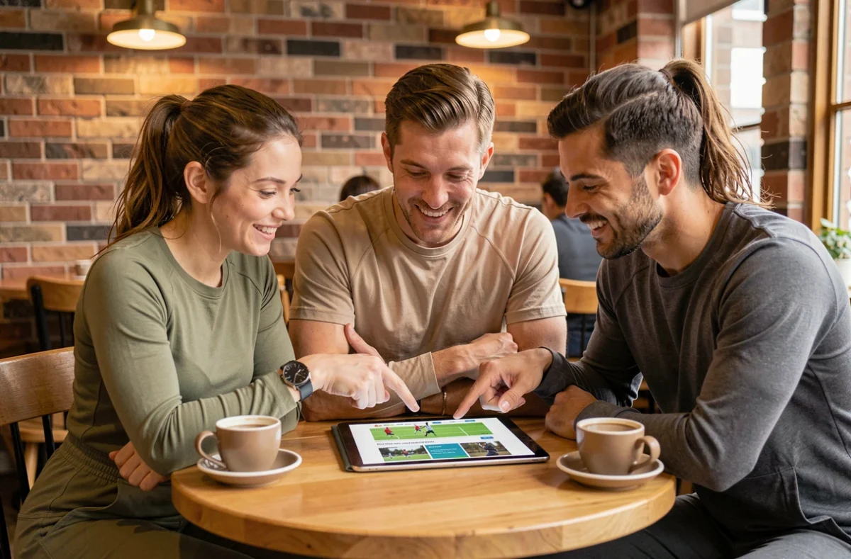 Groupe de débutants découvrant ensemble des activités sportives sur sportrip.fr dans un café