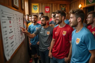 Jeunes adultes autour d'un tableau de match en club de football