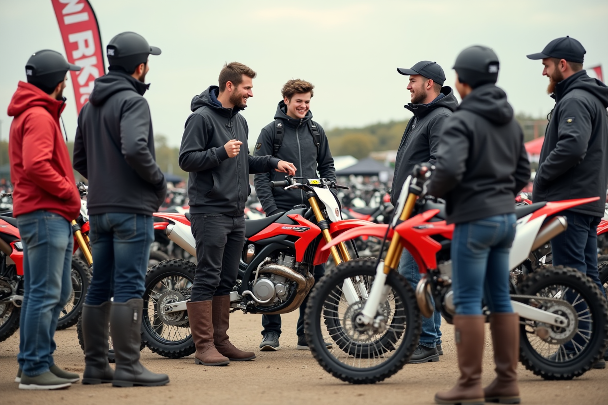 Groupe de passionnes de motocross discutant devant des motos d