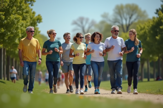 Groupe diversifié de personnes marchant dans un parc avec trackers de fitness