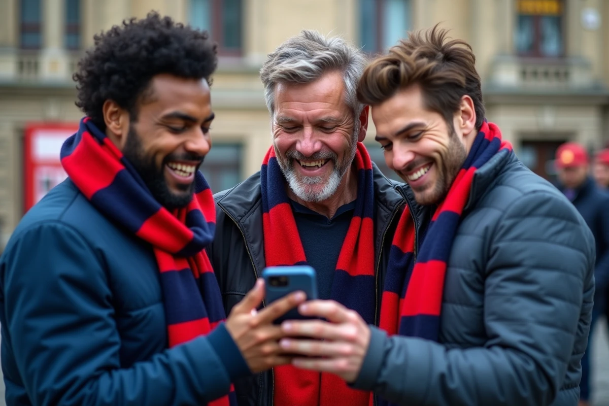 Groupe de supporters heureux consultant l'application d'adhésion du club devant l'entrée d'un stade de football