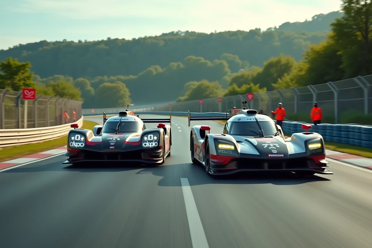 Deux voitures GT en bagarre sur la ligne droite d'un circuit européen lors d'une course automobile du week-end 2026
