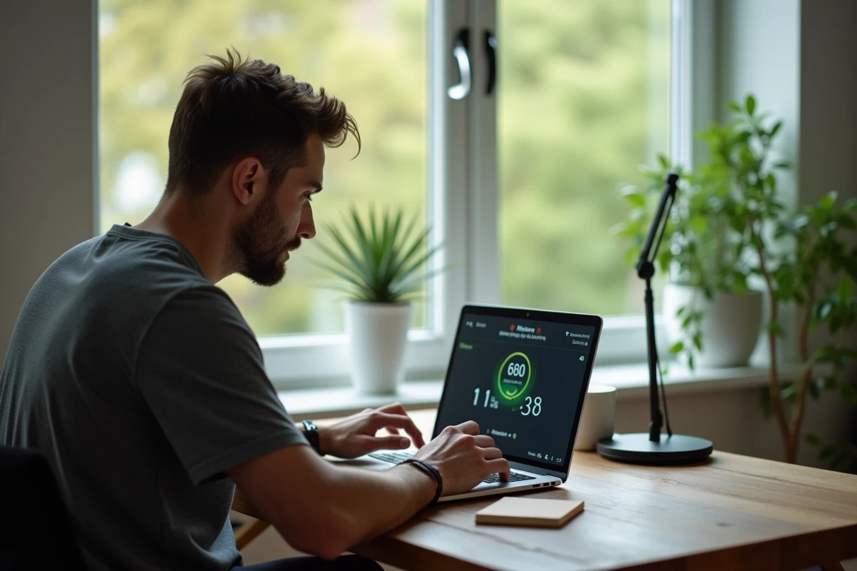 Homme concentré vérifiant sa course sur un ordinateur à domicile