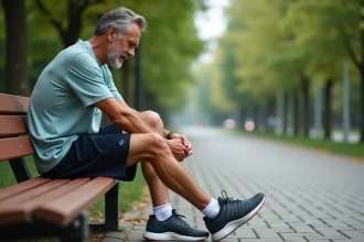 Homme d age moyen en tenue de sport s attachant ses chaussures de course dans un parc