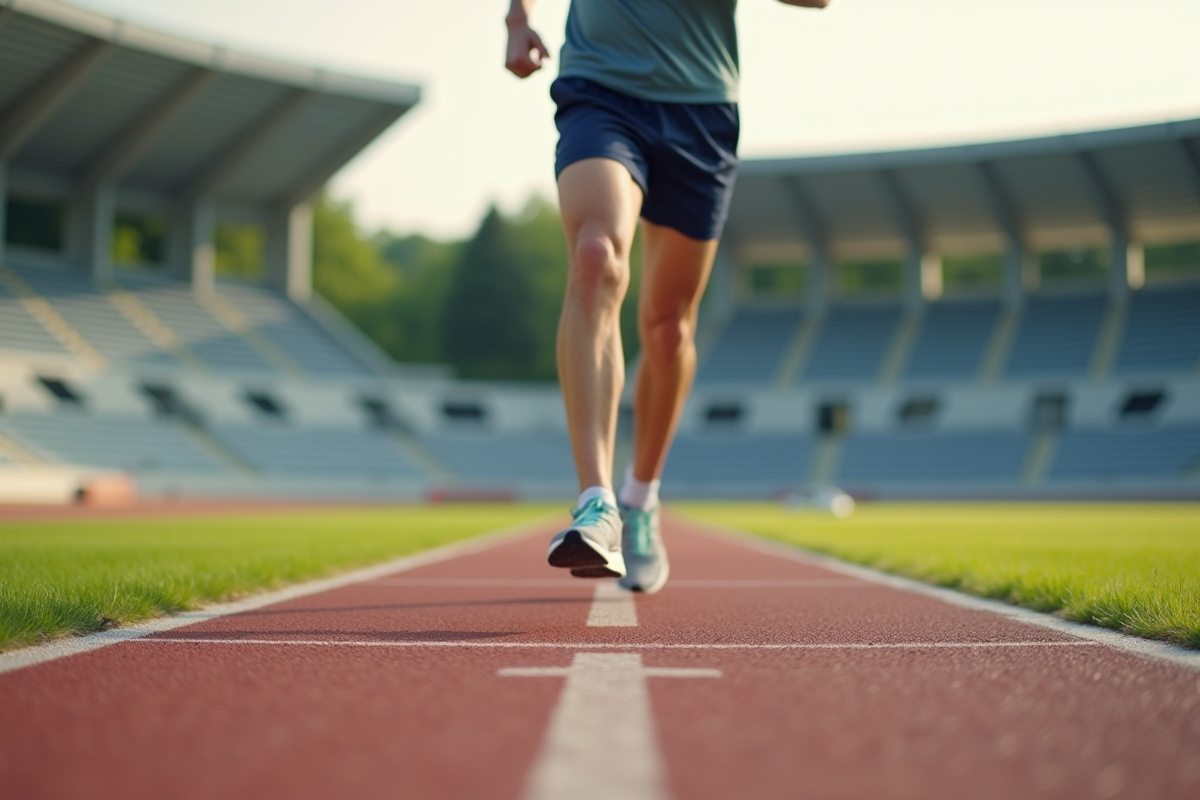 Homme courant sur une piste avec chaussures à côté