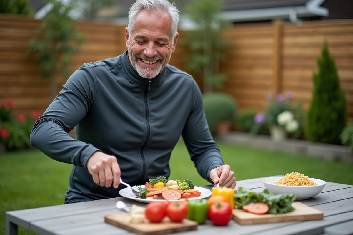 Homme préparant un repas équilibré en extérieur