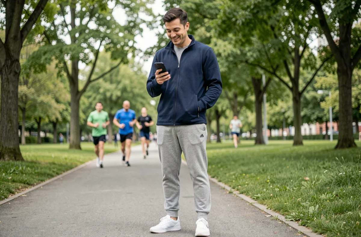 Homme débutant consultant des recommandations sportives sur smartphone dans un parc urbain