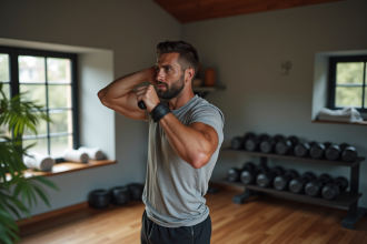 Homme musclé faisant un développé couché avec bande de résistance