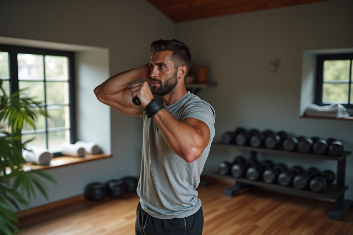 Homme musclé faisant un développé couché avec bande de résistance