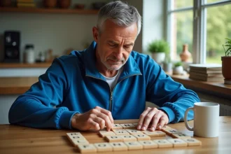 Homme d'âge moyen jouant aux jeux de lettres dans la cuisine