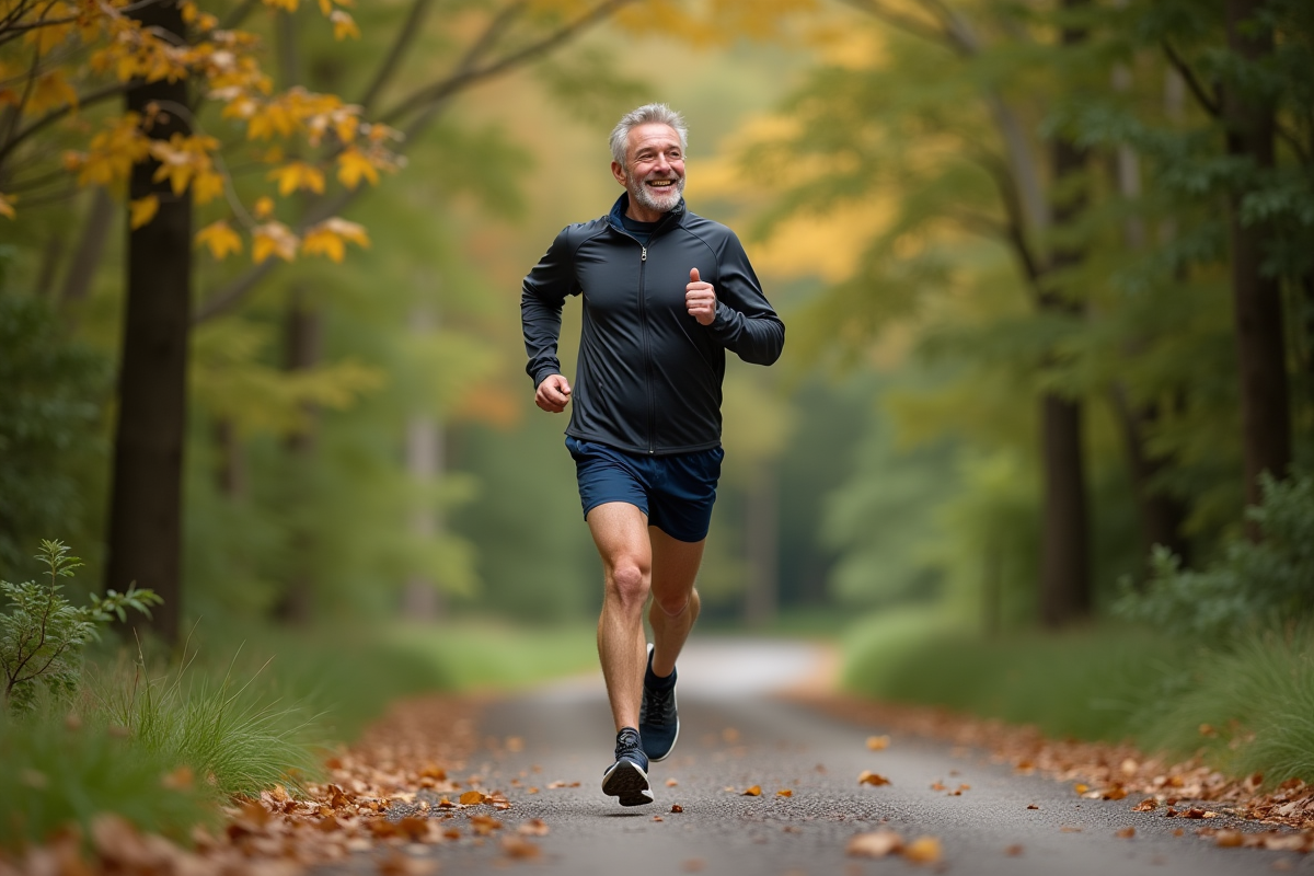 Homme courant en forêt avec chaussures de trail et sourire détendu