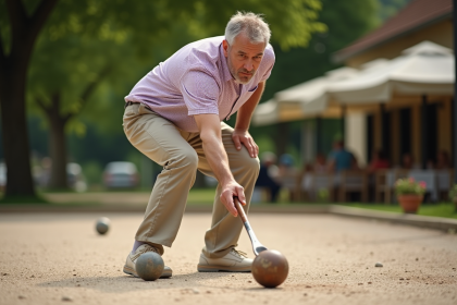 Homme d'âge moyen lançant une boule de pétanque en plein air
