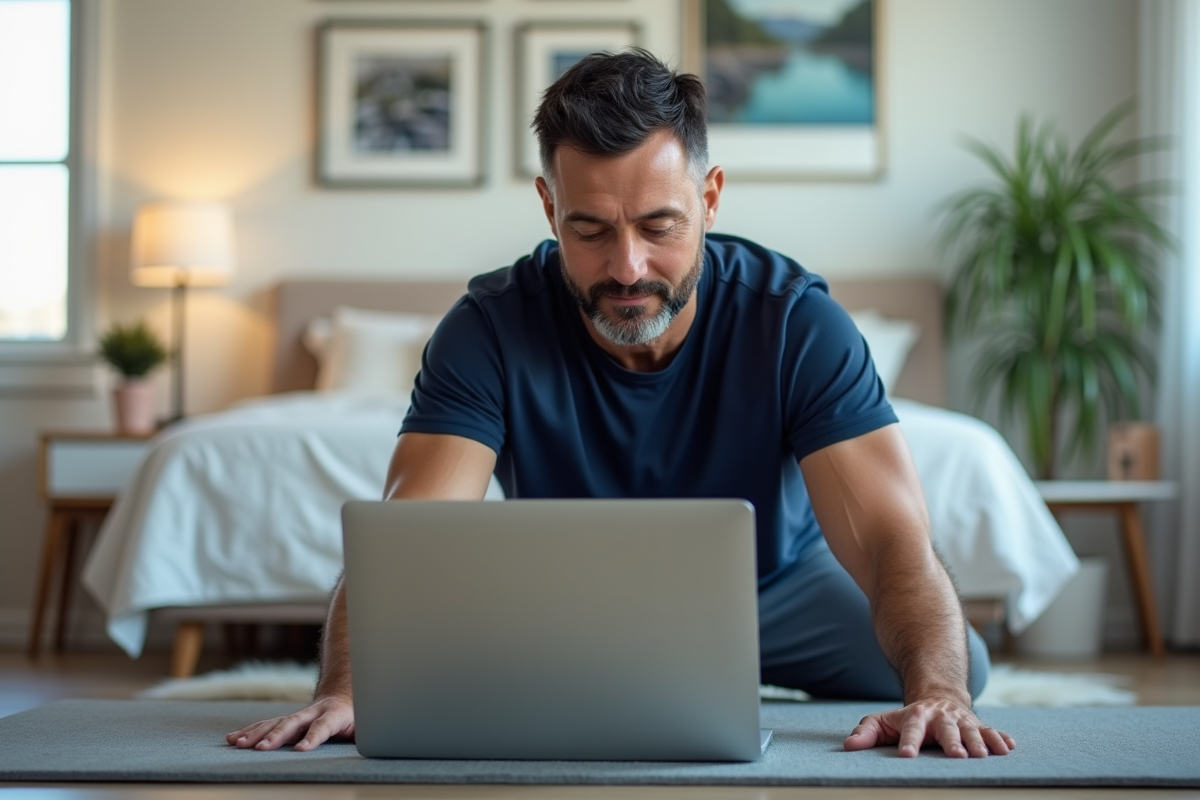 Homme suivant une séance de Pilates dans sa chambre lumineuse