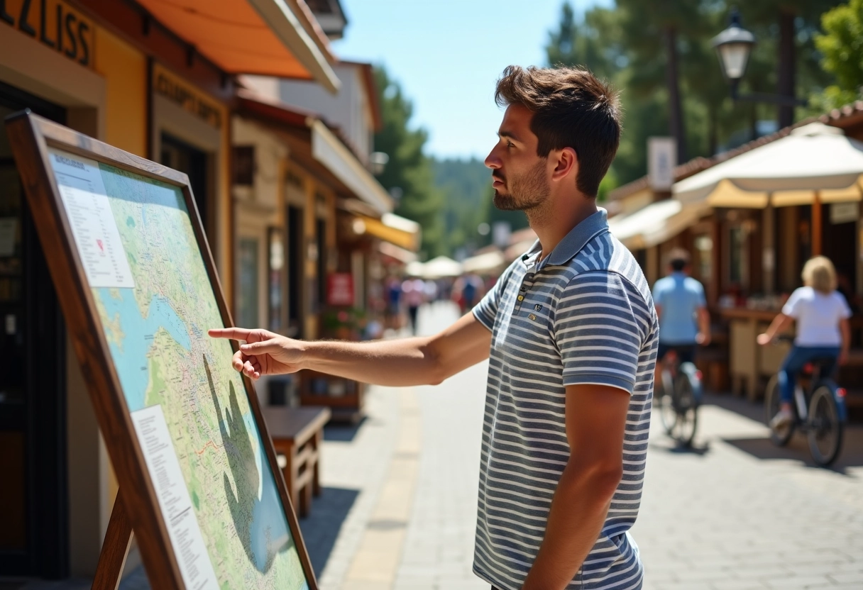 Jeune homme regardant la carte dans le centre de Montalivet