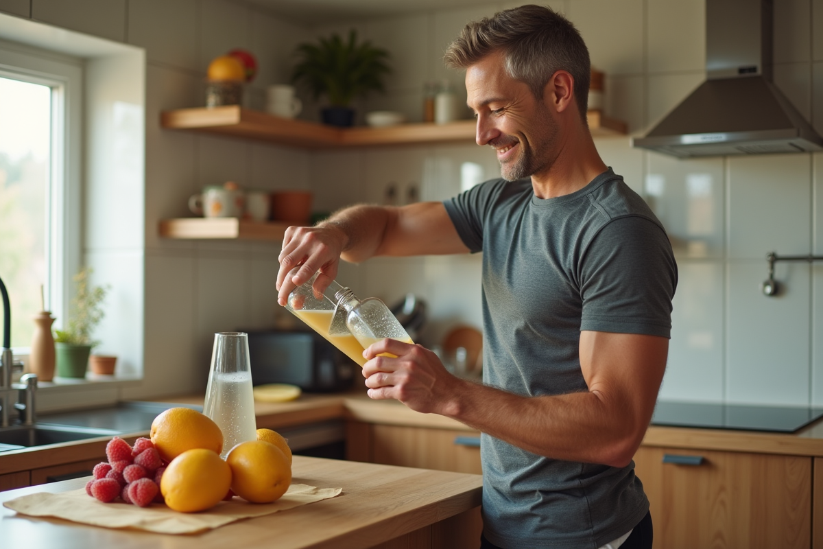 Homme versant une boisson fruitée dans une bouteille dans la cuisine