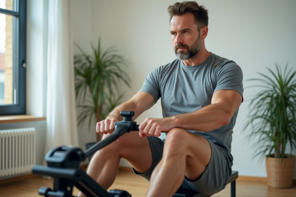 Homme utilisant un rameur dans son gym à domicile