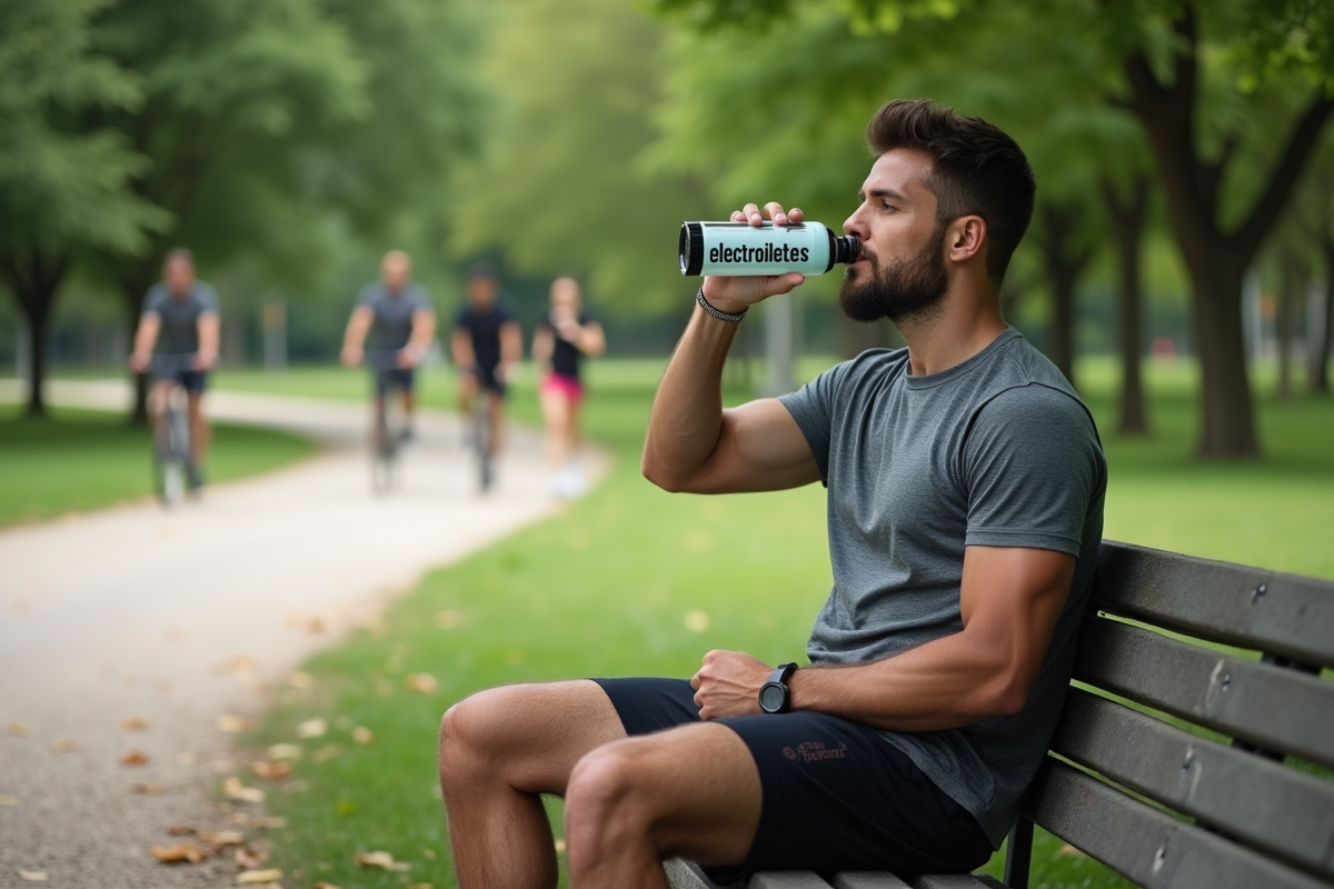 Homme sportif buvant dans une bouteille d