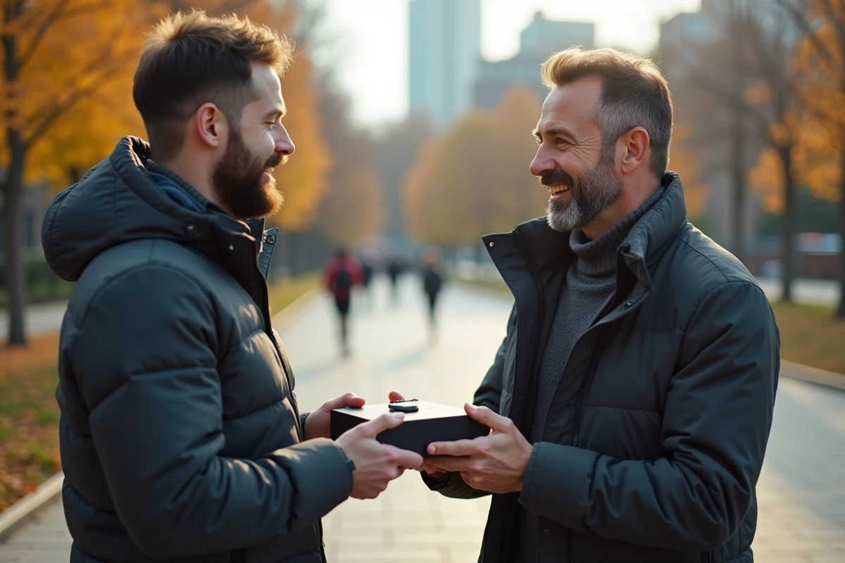 Homme recevant un tracker de fitness en extérieur