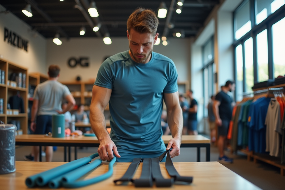 Jeune homme testant bandes de résistance en magasin sportif