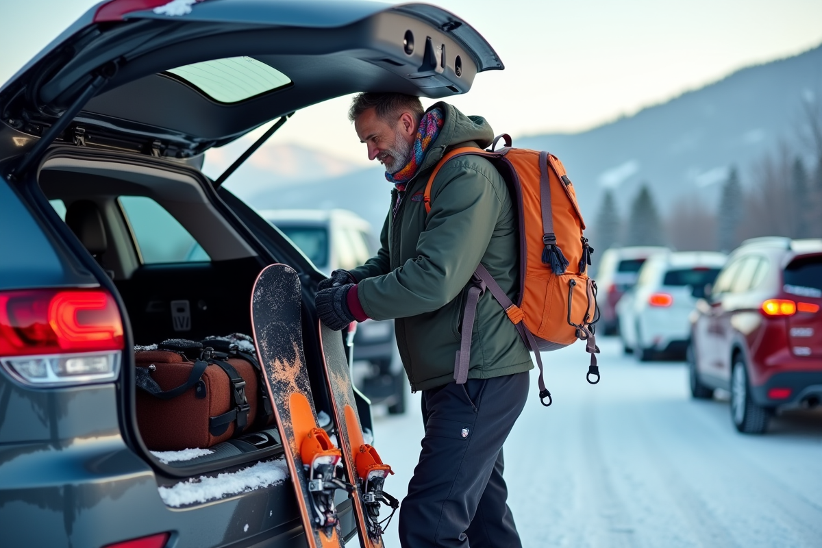 Homme organisant skis et snowboards près de son SUV