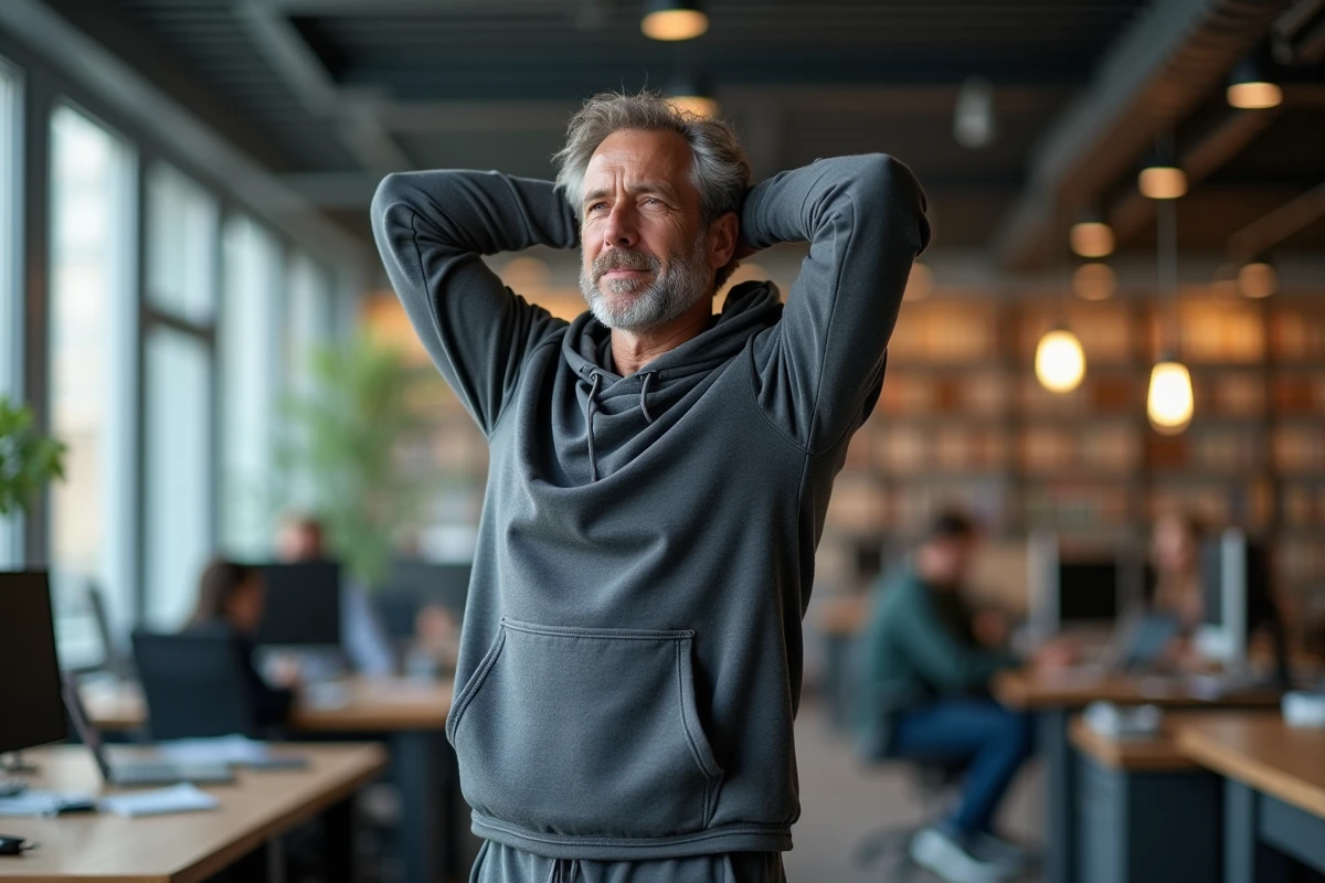 Homme en vêtements de sport fonctionnels s'étirant dans un espace de coworking pendant une pause, symbole du télétravail actif et de l'équilibre bien-être