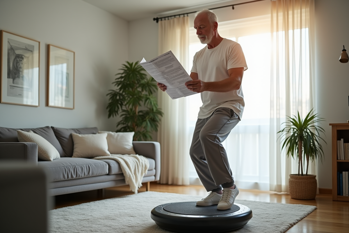 Homme d age utilisant Power Plate chez lui