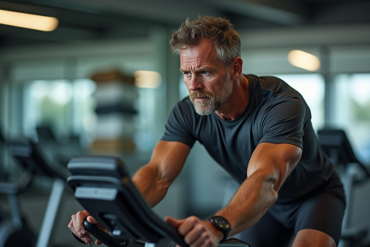 Homme faisant du vélo stationnaire en salle de sport
