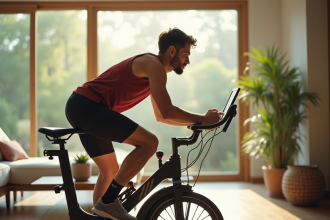 Jeune homme en sport moderne sur vélo d'appartement dans un salon lumineux