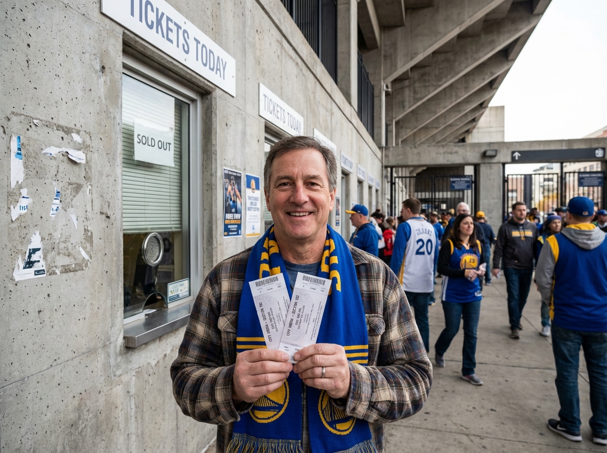 Homme avec écharpe de sport tenant billets devant stade en extérieur
