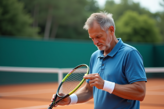 Homme en polo bleu ajustant un dampener sur sa raquette de tennis