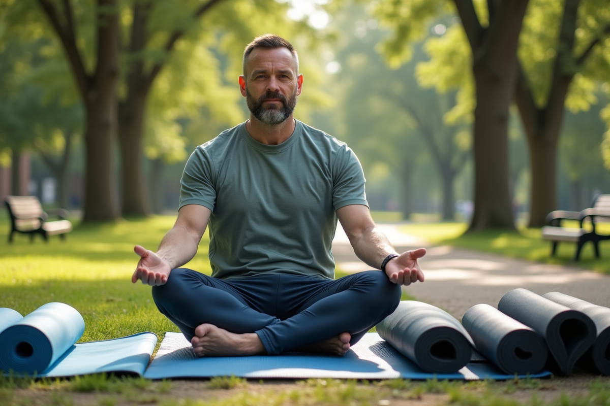 Homme relaxe sur tapis de yoga dans un parc paisible